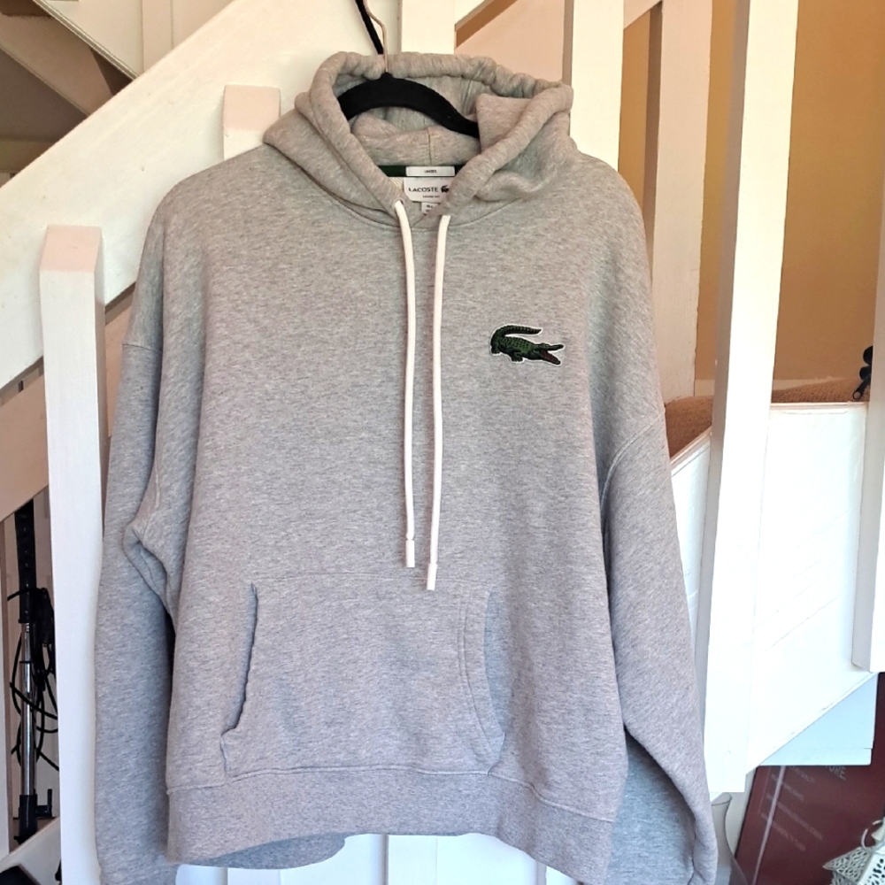 Lacoste Unisex Loose Fit   Gray Hoodie with Large Lacoste Embriodered Logo Sz XL